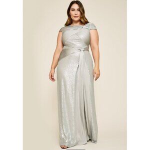 MSRP $598 Parma Draped Silver Sequin Gown Tadashi Shoji